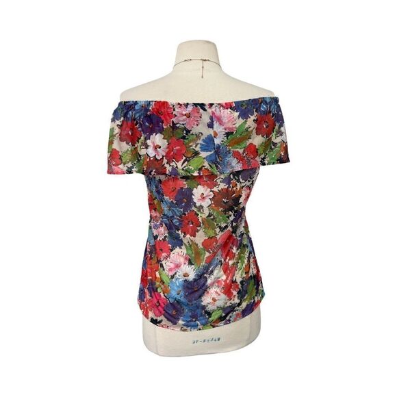 Vibrant Vintage 70s Flower Power Ruffle Could Shoulder Flouncy Floral Print Top - Picture 9 of 10